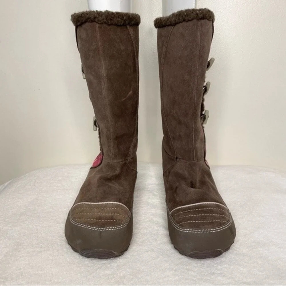 Sorel Boots Suka Suede Pink Plaid Fleece Lined Tall Snow Winter Brown Size 7